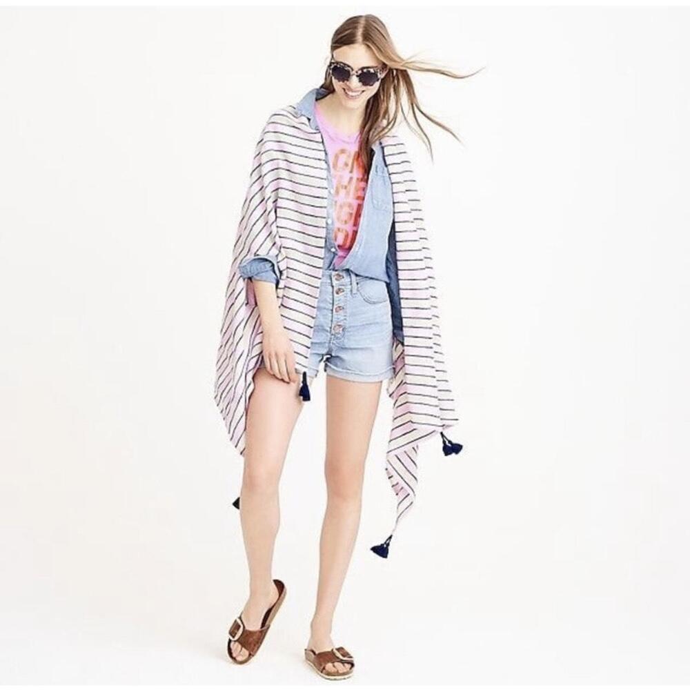 J.Crew Pink Striped Tassel Cotton Blend Cape‎ Wrap Scarf Swim Coverup One Size